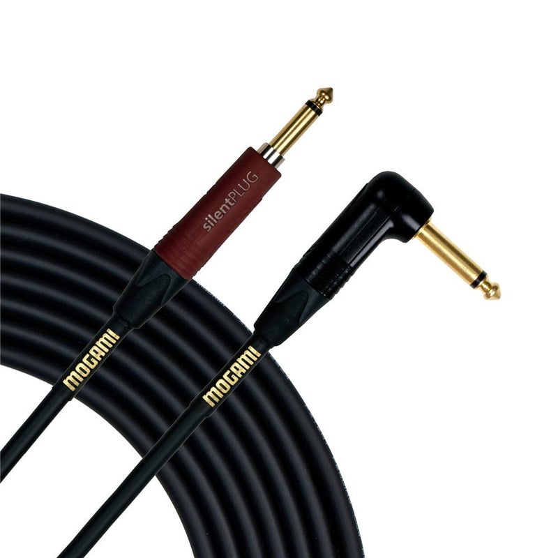 Mogami Gold INST Silent S-18R Guitar Instrument Cable, 1/4" TS Male Plugs, Gold Contacts, Straight silentPLUG to Right Angle Connectors, 18 Foot